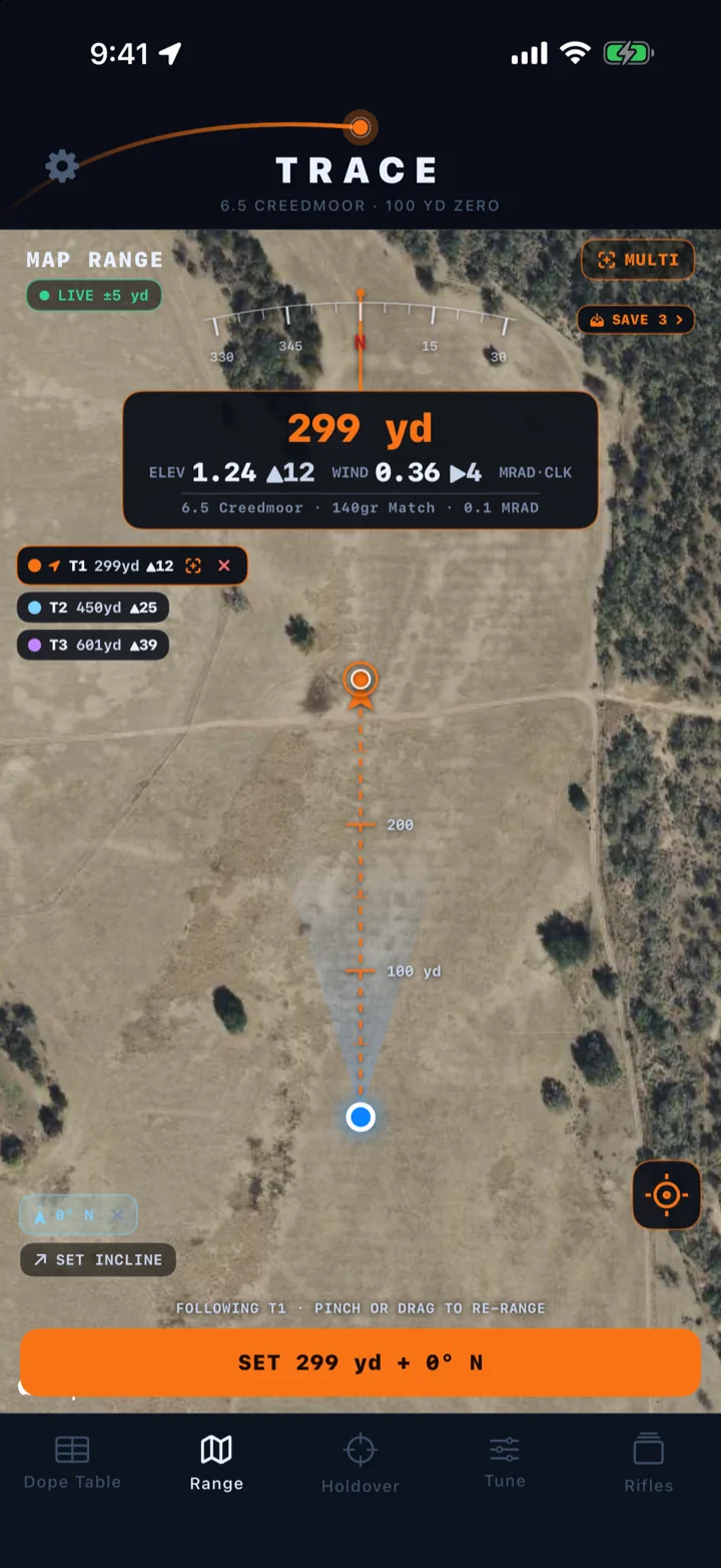 Trace Range tab: satellite imagery following target T1 at 299 yards, a live plus-or-minus 5 yard GPS chip, a shot line with yard ticks, and a T1 to T3 rail