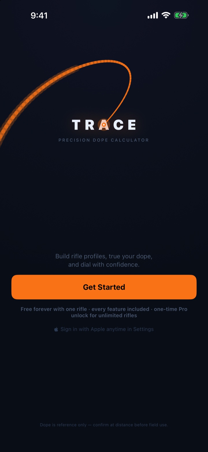 Trace welcome screen: free forever with one rifle, every feature included, one-time Pro unlock