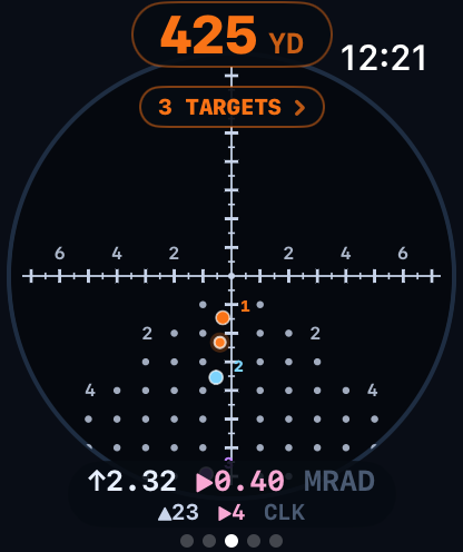 Apple Watch Holdover page: a full-bleed reticle with three numbered target dots