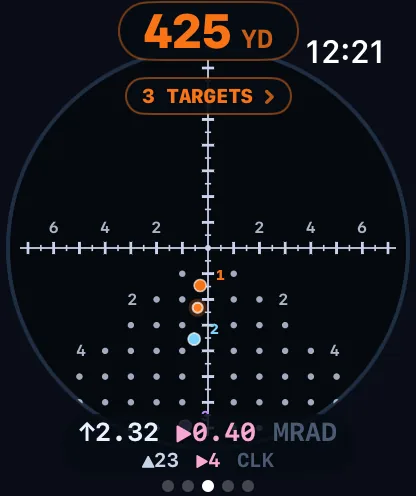 Apple Watch Holdover page: a full-bleed reticle with three numbered target dots