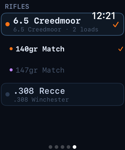 Apple Watch Rifles page: rifle and load switcher