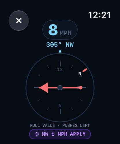 Apple Watch wind page: a vector dial with a forecast-wind apply chip